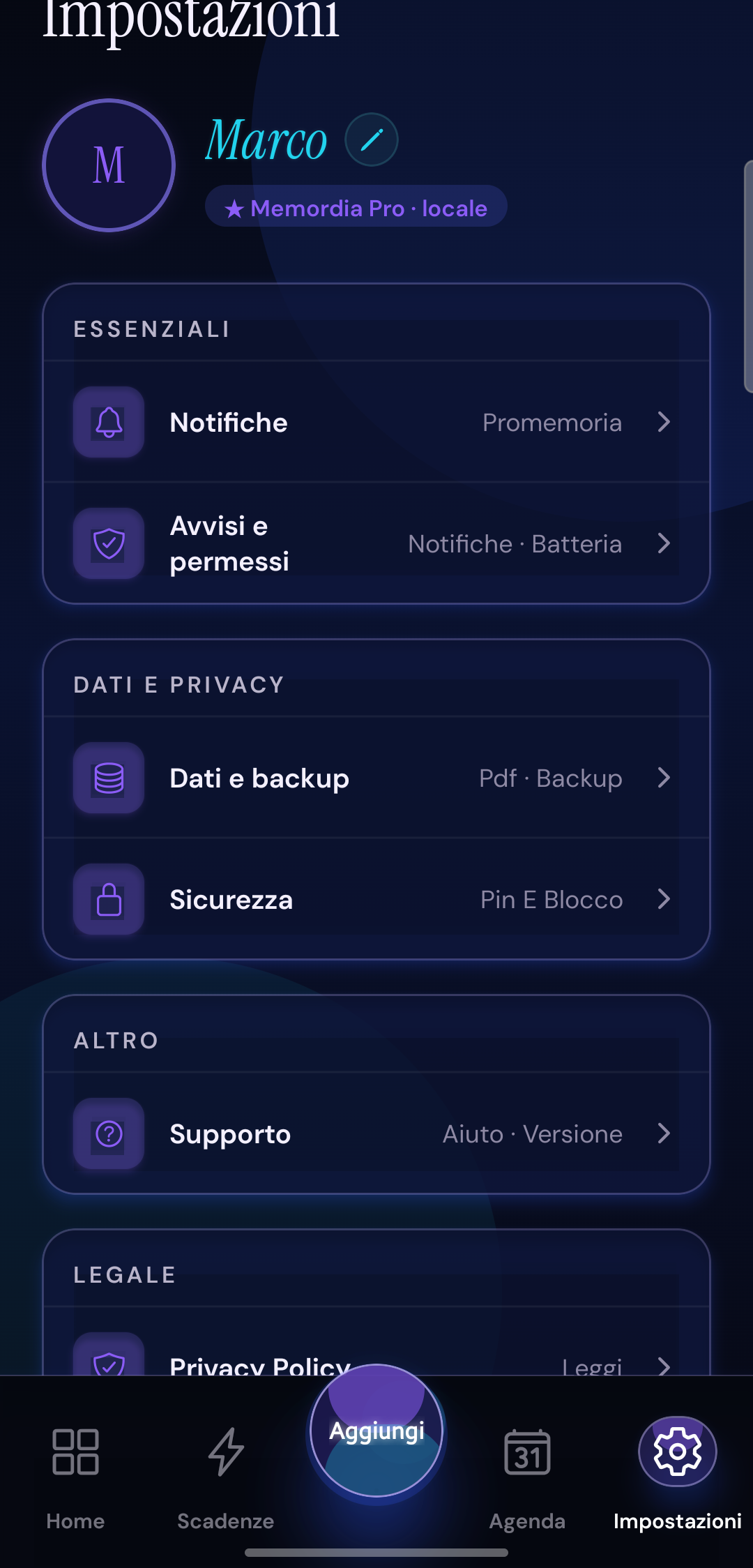 Impostazioni Memordia